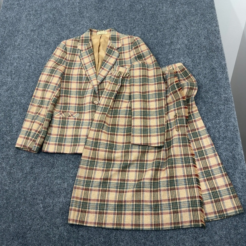 Vintage Gordon of Philadelphia Skirt Suit Set Womens 8 Tan Plaid Wool Academia